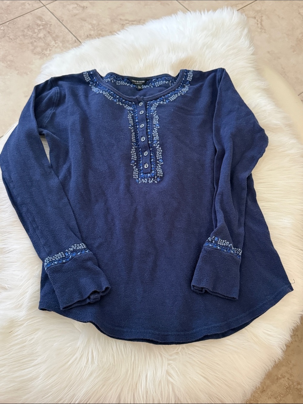 Lucky Brand Navy Blue Long-Sleeve Henley with Embroidered Trim